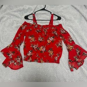 Meraki Cold Shoulder Red Floral Top with Bell Sleeves